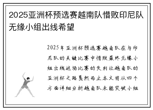 2025亚洲杯预选赛越南队惜败印尼队无缘小组出线希望 2025亚洲杯预选赛越南队惜败印尼队无缘小组出线希望