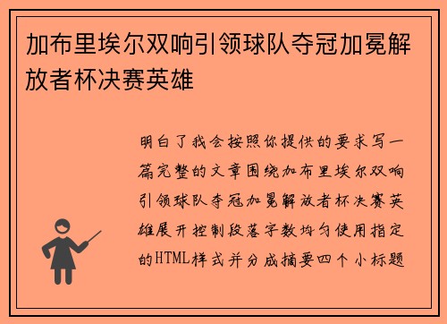 加布里埃尔双响引领球队夺冠加冕解放者杯决赛英雄