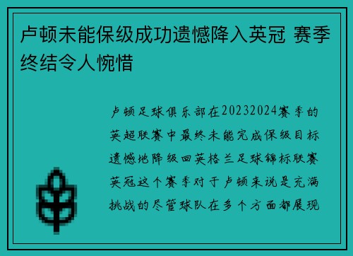 卢顿未能保级成功遗憾降入英冠 赛季终结令人惋惜
