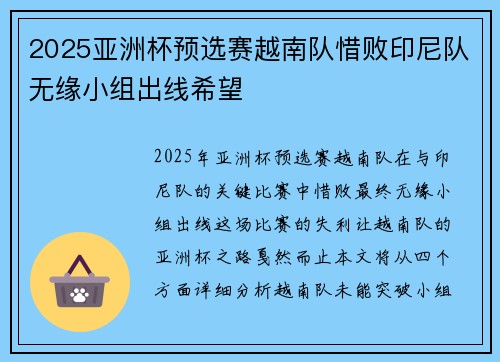 2025亚洲杯预选赛越南队惜败印尼队无缘小组出线希望
